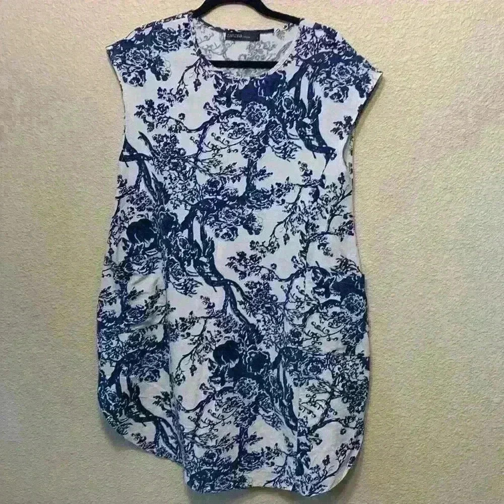 Blue and white floral Zanzea dress sz L lightweight casual modest demure flowers